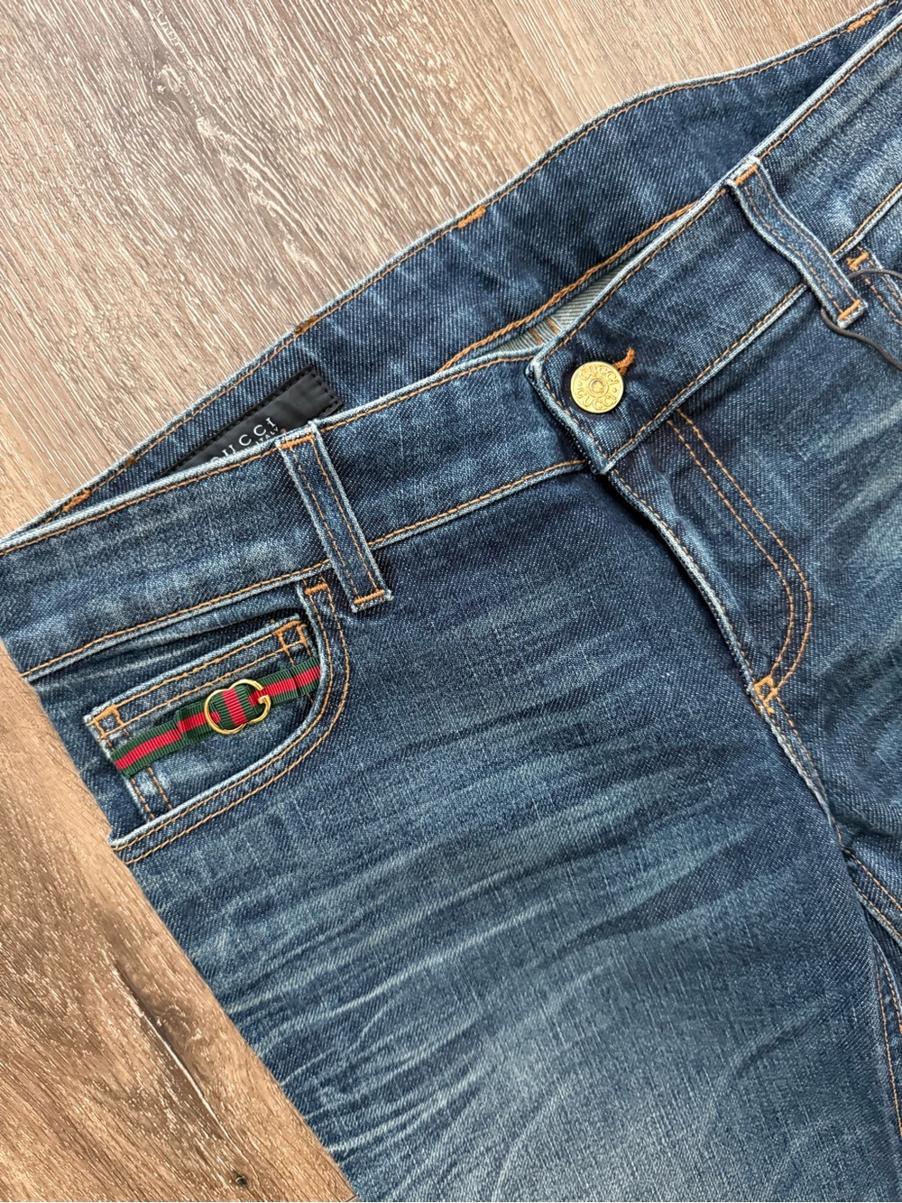 Vintage Gucci Blue Denim Jeans with Green-Red Web Accent